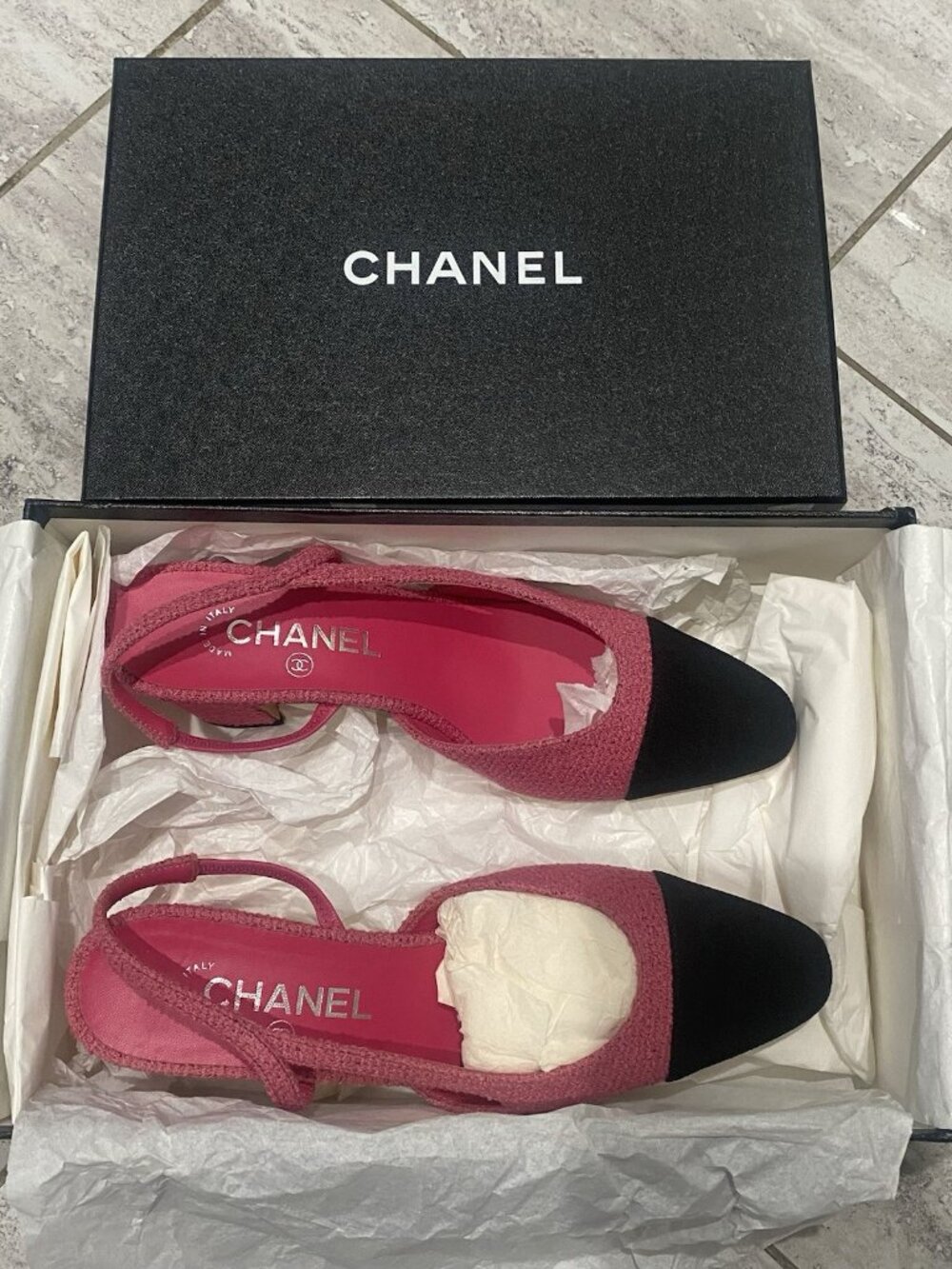 Chanel Slingback Tweed Pink & Black Grosgrain Pump Sandal Heels Women’s 38.5